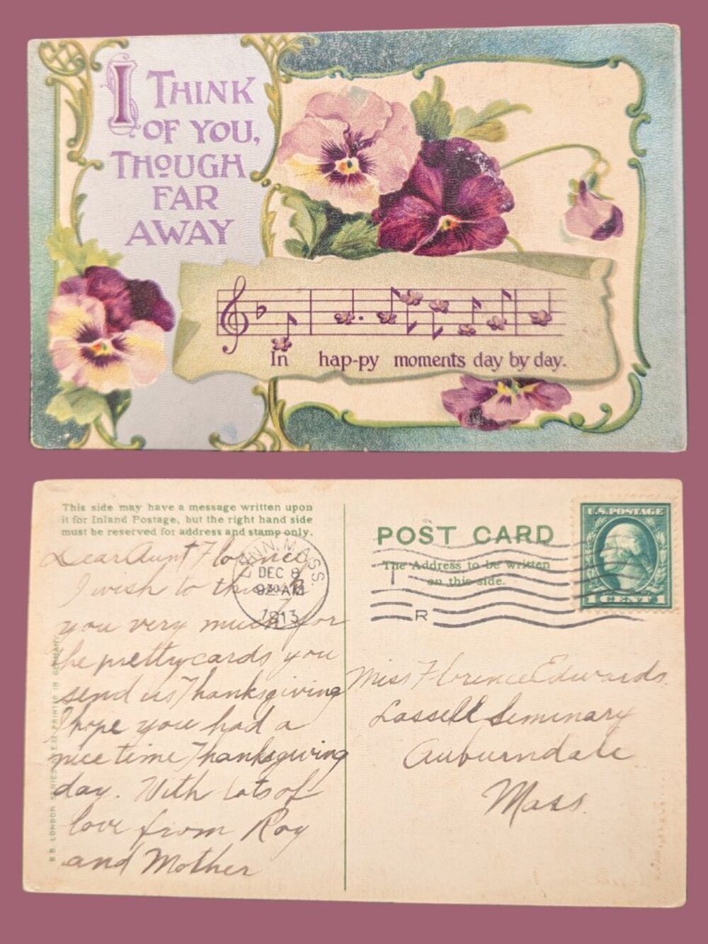 5/$25 Antique Gilded Postmarked Art Nouveau Postcard Sheet Music Pansies